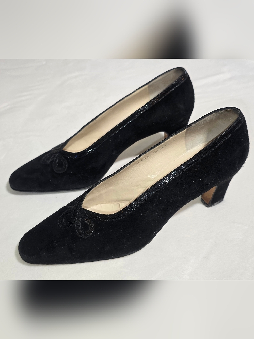 Silvia Fiorentina Black Suede Pumps Exotic Lizard Trim Made in Italy Size 6.5